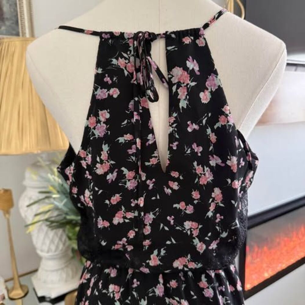 Black Floral Maxi Dress Women Small Boho Lace Layered Spaghetti Straps Size L - Picture 11 of 14